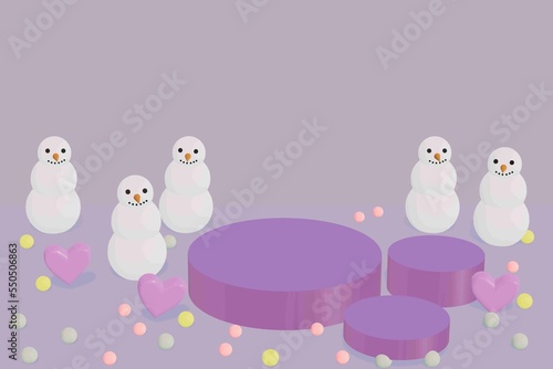 Pink stage podium and snowman for Merry Christmas and happy new year and festivals or celebration. © KEETA&NEE