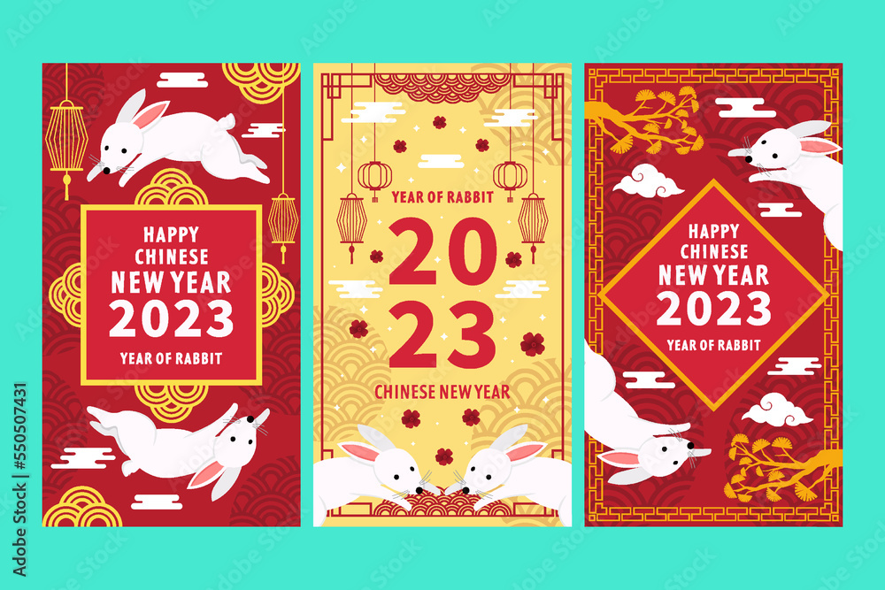 set of vertical banner poster flat design happy chinese new year 2023 year of rabbit