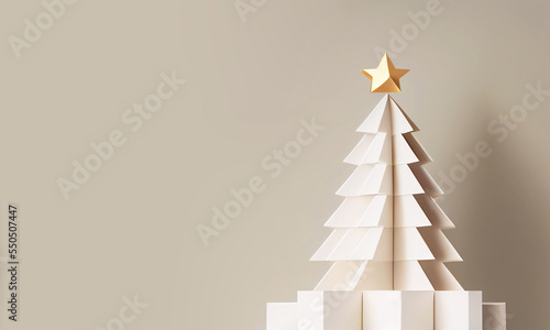 Minimal product banner background for white Christmas and winter holiday.Christmas tree podium with golden star for reward or award, beige color background. 3d render illustration. 