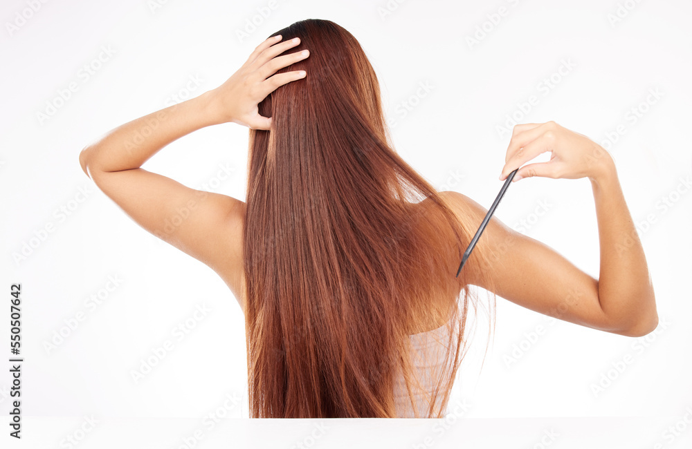 Naklejka premium Hair care, beauty and wellness with comb in studio for luxury hair growth, spa salon and model cosmetic keratin shampoo care. Woman, brush long hair and straight hair maintenance in white background