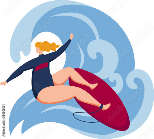 Woman surfing in sea, vector illustration. Cartoon surfer character at summer ocean, extreme surf sport. Girl person ride surfboard at water