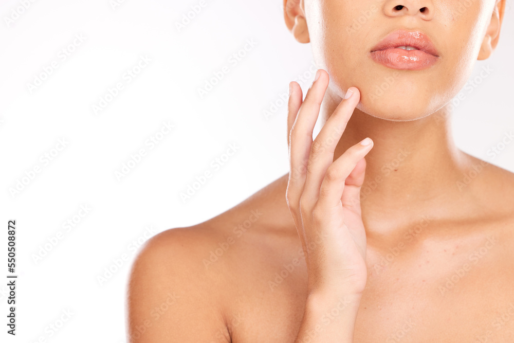 Woman, mouth and face skincare for cosmetics beauty, healthy natural glow and dermatology health mockup close up on white studio background. Wellness model, organic facial spa and clean skin hygiene Woman, mouth and face skincare for cosmetics beauty, healthy natural glow and dermatology health mockup close up on white studio background. Wellness model, organic facial spa and clean skin hygiene