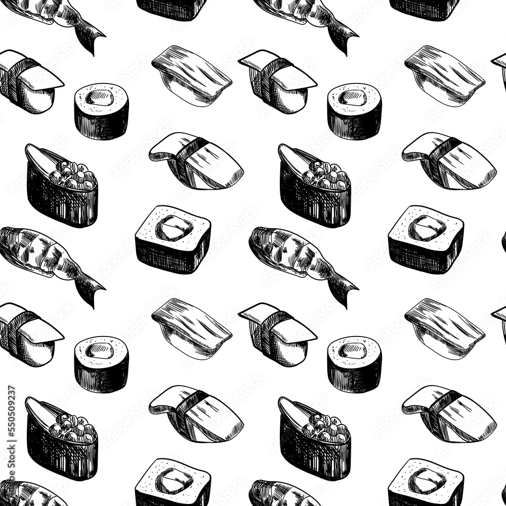 Sketchy sushi and rolls seamless pattern. Black and white background for for asian cafe, restaurant. Design for fashion , fabric, textile, wallpaper, cover. Vector illustration. Sketchy sushi and rolls seamless pattern. Black and white background for for asian cafe, restaurant. Design for fashion , fabric, textile, wallpaper, cover. Vector illustration.