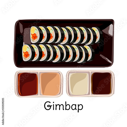 Korean kimbap. Isolated kimbap or gimbal in on white background. Authentic Asian food, Korean street food, a slice of rice roll. Top view, Vector illustration.