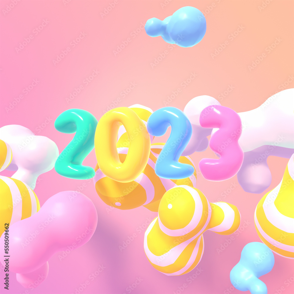3d rendered 2023 happy new year with colorful blobs. 3d rendered 2023 happy new year with colorful blobs.