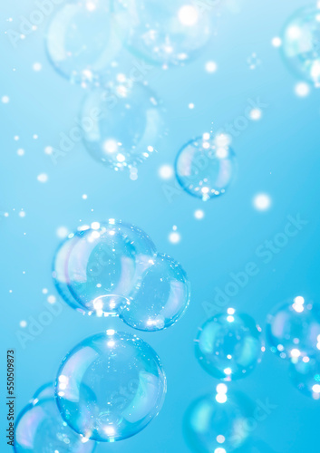 Abstract Beautiful Shiny Blue Soap Bubbles Background.. Refreshing Soap Sud Bubbles Water. 