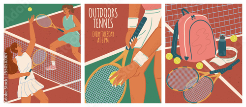 Two female play tennis on a court. Sport game vector posters set. Tennis ball, net and rackets. Sport competition and training