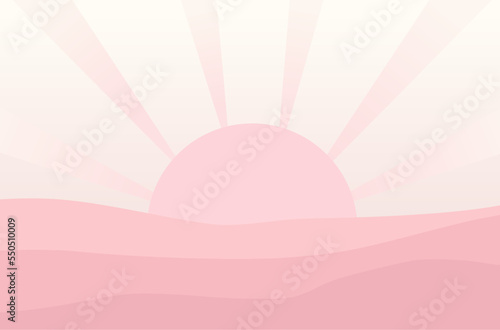 Pink sunrise with rays vector illustration.