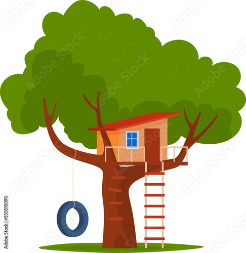 Tree wood playhouse with nature summer playground design for kids, vector illustration. Cute house building, outdoors ladder to children home