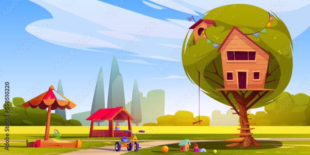 Playground with toys and tree house in green park under blue sunny sky. Cartoon vector illustration of wooden hut with ladder, sandbox and tricycle. Place for children to play and have fun on holidays