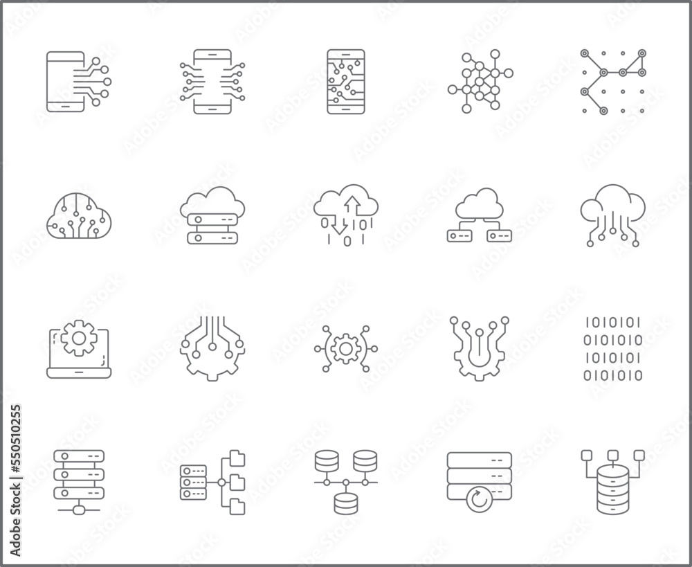 Simple Set of big data Related Vector Line Icons.
Vector collection of database, network, processing, analytics, search, mining, filter, flow, cloud and design elements symbols or logo elements