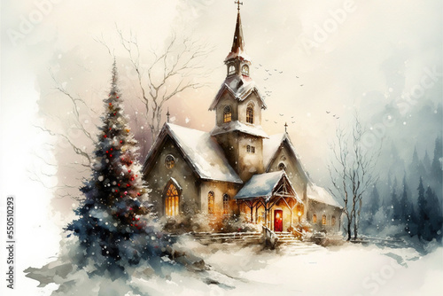 Church in old style covered in snow, Christmas, AI assisted finalized in Photoshop by me 