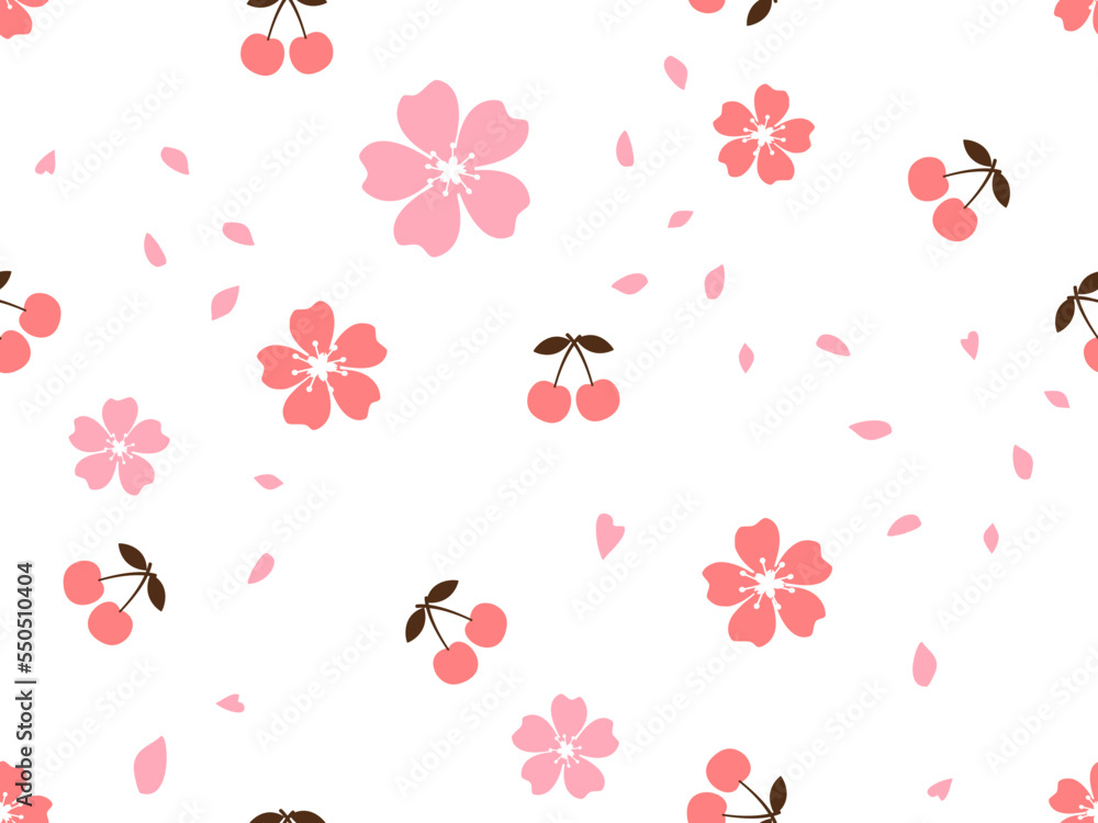 Seamless pattern of cherry fruit with green leaf and white flower on pink background vector. Cute fruit print.