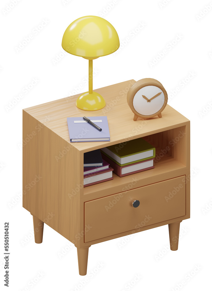 3D bedside tables with yellow lamp, wood bedside tables on transparent background. 3D rendering 3D bedside tables with yellow lamp, wood bedside tables on transparent background. 3D rendering