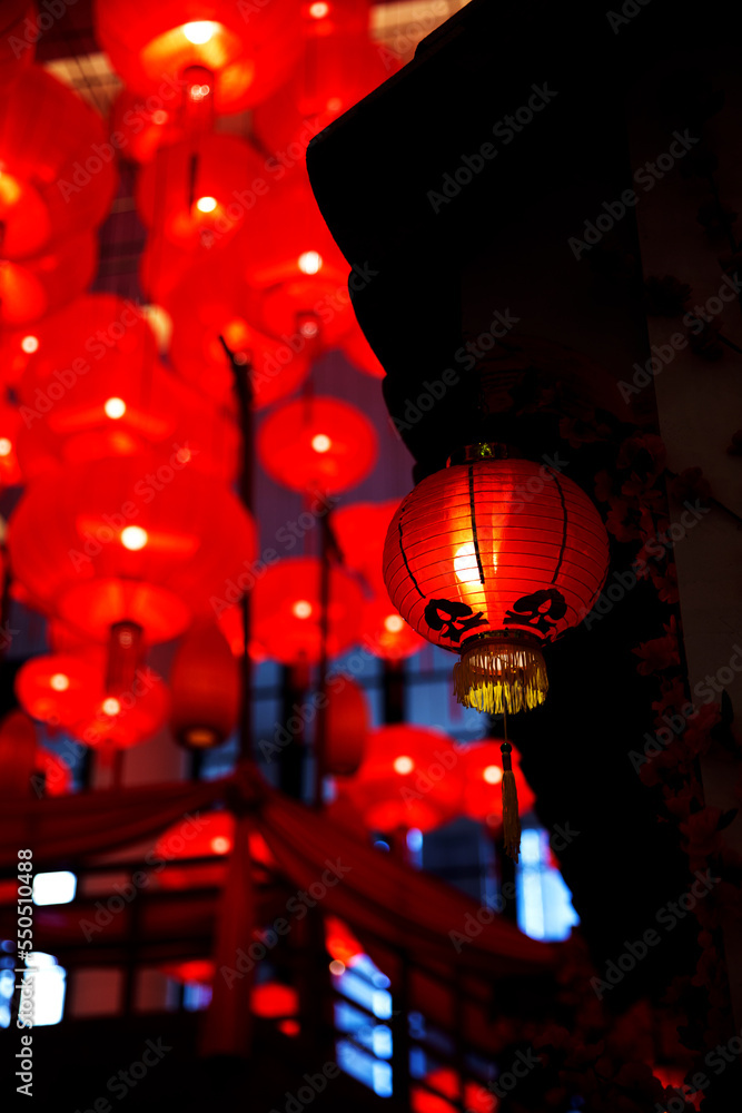 Many Chinese light red lanterns as new year symbol.