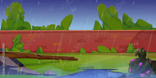 Rainy weather in green park or backyard with red brick wall, water puddles, stones, broken tree and blooming bushes under gloomy grey sky. Cartoon vector illustration of public garden with stone wall