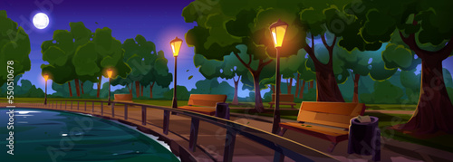 Riverside night park lane with benches and illuminated light posts under green trees growing along river. Cartoon vector illustration of beautiful public garden under dark sky with stars and full moon