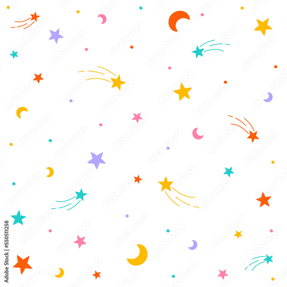 Naklejka premium Cute Confetti Star Space Sky Meteor Shooting Star Crescent Moon Sprinkle Sparkle Shine Small Polkadot dot Line Mini Heart Abstract Colorful Pastel Seamless Pattern Background