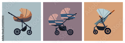 Set of different baby strollers. Modern baby carriages for twins and newborns. Hand drawn vector illustration isolated on colored background, flat cartoon style.