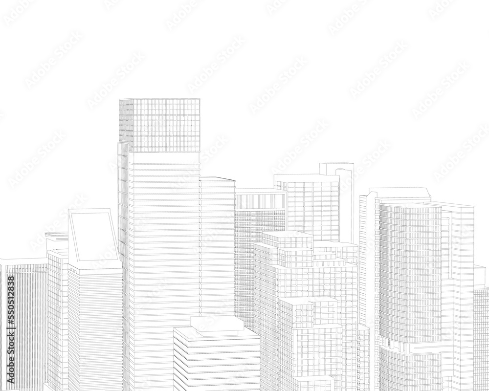 The outline of many multi-storey buildings from black lines isolated on a white background. Outline of the city quarter. Front view. 3D. Vector illustration.
