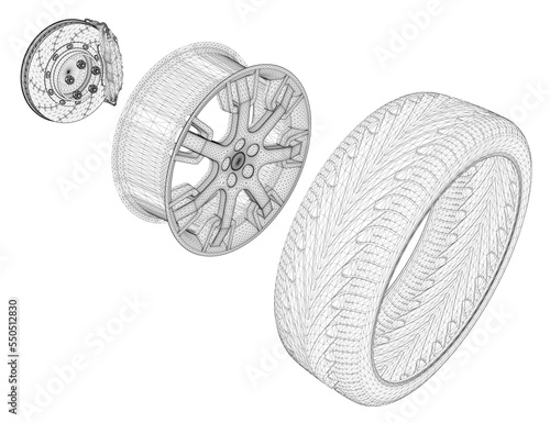 Wireframe of a car wheel disassembled into a tire, disc and brake disc from black lines isolated on a white background. Isometric view. 3D. vector illustration.