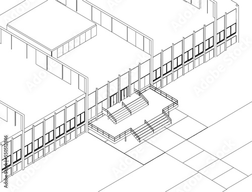 The outline of the entrance to a large building from black lines isolated on a white background. Isometric view. 3D. vector illustration