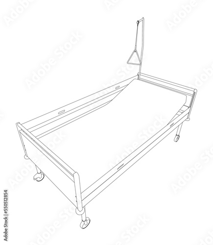 Outline of a hospital bed from black lines isolated on a white background. Perspective view. 3D. vector illustration.