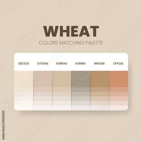 Color palette in a Wheat colour theme collections. Color scheme or colors chart template. Color combination set of RGB, HSL and HEX codes. Color swatch for art, fashion, home design, or web design.