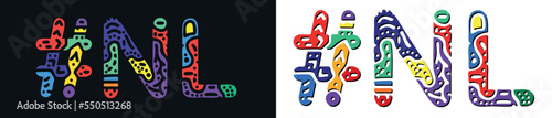 NL Hashtag. Multicolored bright isolate curves doodle letters. Hashtag #NL is abbreviation for the Canadian Newfoundland and Labrador. Set for social network, web resources, mobile apps.