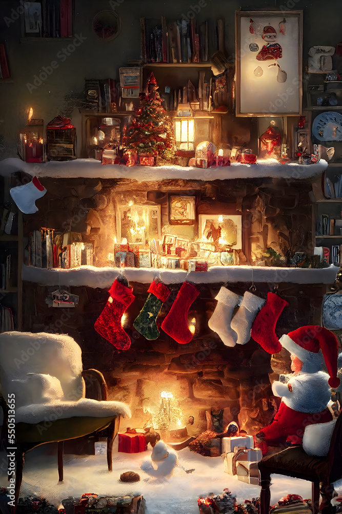 christmas fireplace with christmas tree, Made by AI