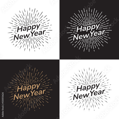 Happy New Year typography with burst rays. Holiday Vector Illustration. Lettering Composition And Rays Sunburst, Vintage festive label