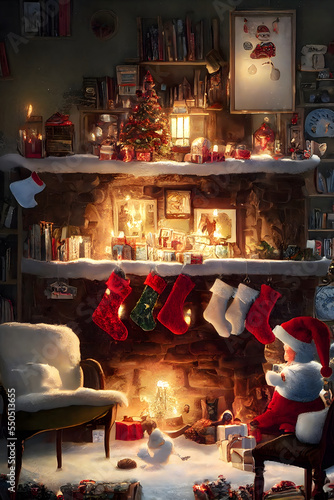christmas fireplace with christmas tree, Made by AI © Kanweat