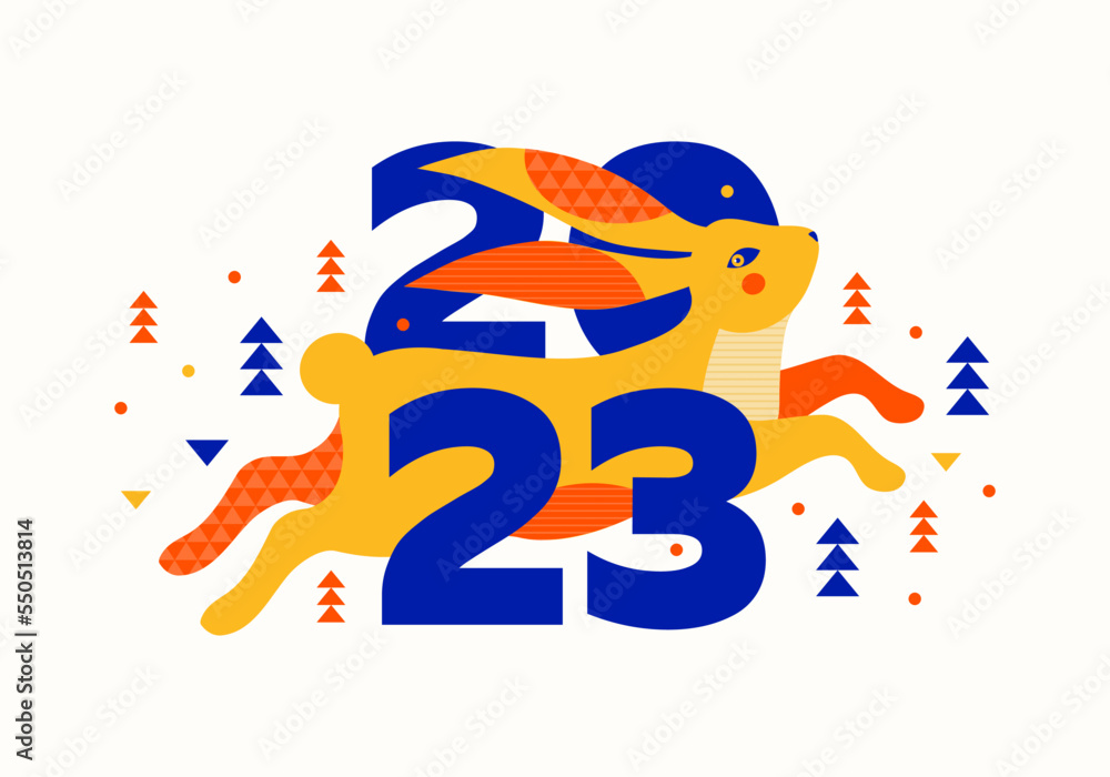 Merry Christmas and happy New Year 2023 greeting card. Chinese zodiac Rabbit symbol. Hare in winter forest among snowdrifts and snow. Lunar new year. Vector flat illustration in geometric minimalism Merry Christmas and happy New Year 2023 greeting card. Chinese zodiac Rabbit symbol. Hare in winter forest among snowdrifts and snow. Lunar new year. Vector flat illustration in geometric minimalism