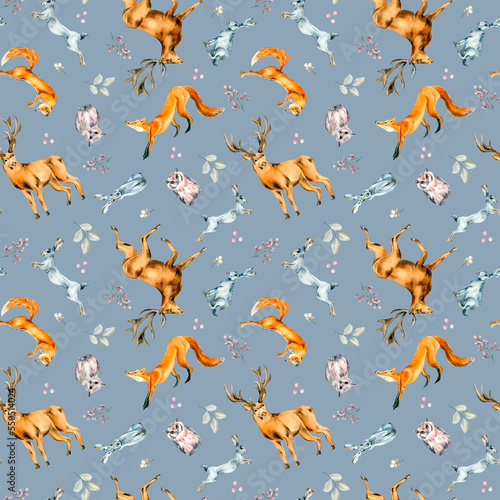 Wild animals, hare, fox, owl, deer watercolor seamless pattern isolated on blue.