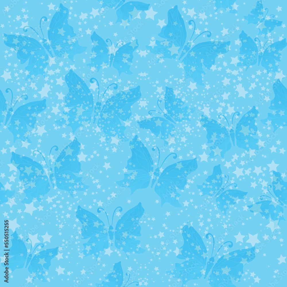Delicate vector seamless pattern with blue translucent butterflies and stars. vector image