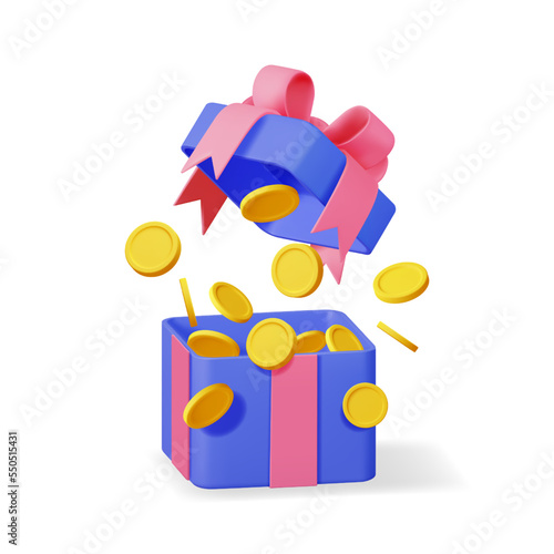 3D Open Gift Box Full of Gold Coins Isolated. Render Giftbox and Golden Coins Money. Concept of Loyalty Program, Casino or Online Games Bonus. Money Prize Reward. Vector Illustration