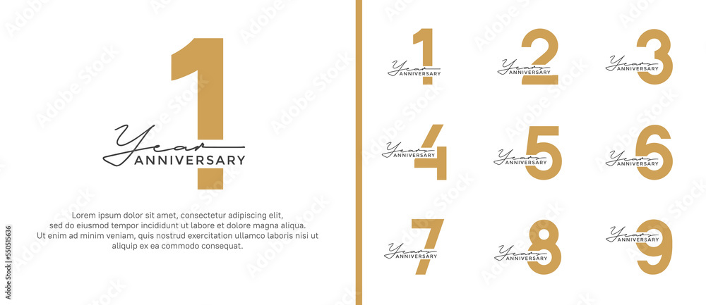 set of anniversary logo style flat gold color on white background for celebration - obrazy, fototapety, plakaty 