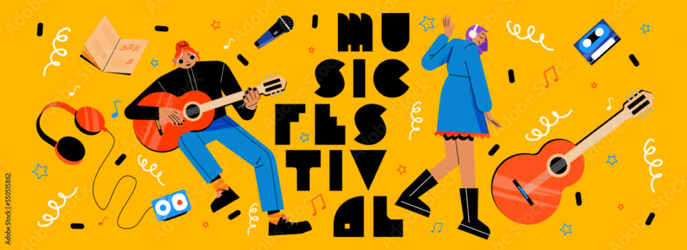 Obraz premium Music festival poster with musician girl with guitar, microphone, mixtape cassette player and headphones, cartoon illustration. Vector banner of concert, musical show or festival