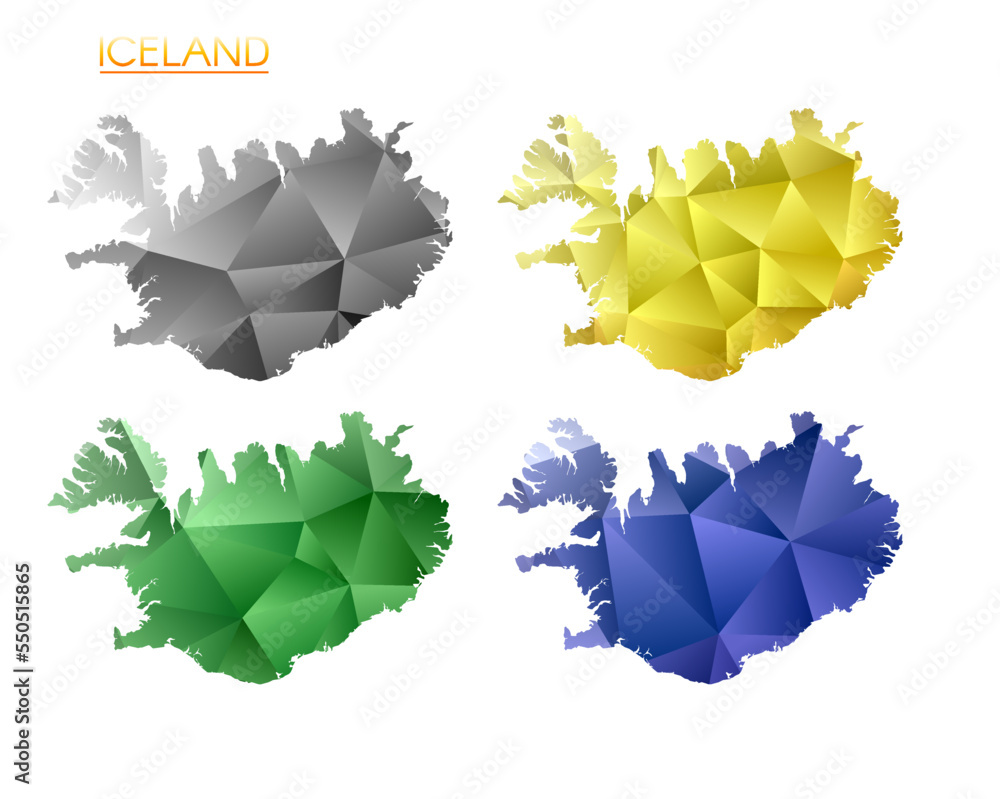 Set of vector polygonal maps of Iceland. Bright gradient map of country ...