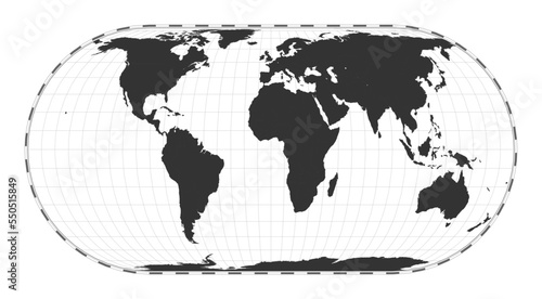 Vector world map. Eckert IV projection. Plan world geographical map with latitude longitude lines. Centered to 0deg longitude. Vector illustration.