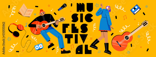 Music festival poster with musician girl with guitar, microphone, mixtape cassette player and headphones, cartoon illustration. Vector banner of concert, musical show or festival