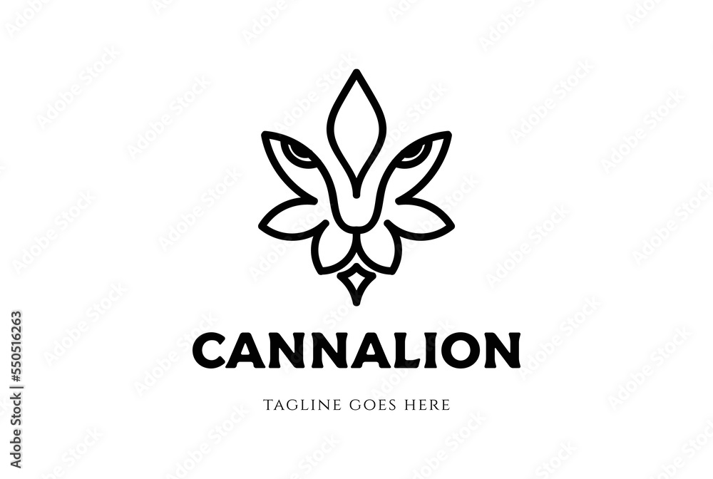 Simple Minimalist Cannabis Marijuana Ganja leaf Lion Head for CBD Oil Hemp Logo