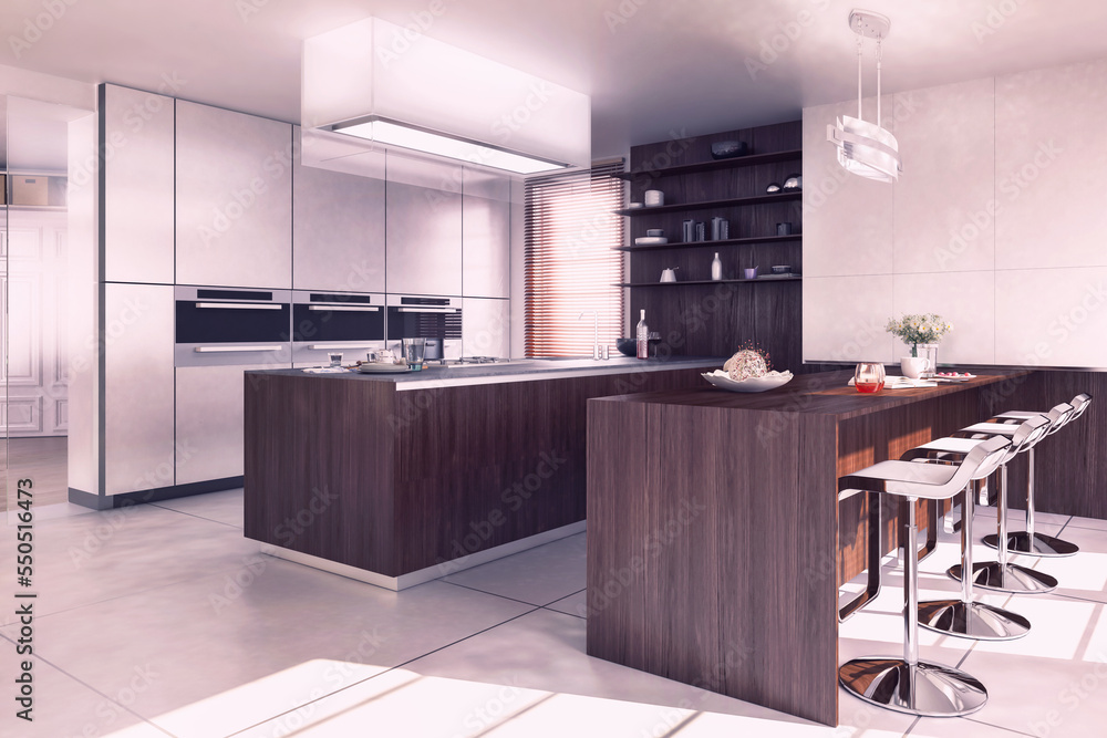 Fototapeta premium Moderne Luxus-Küche mit Kochinsel und Innenausstattung - 3D Visualisierung