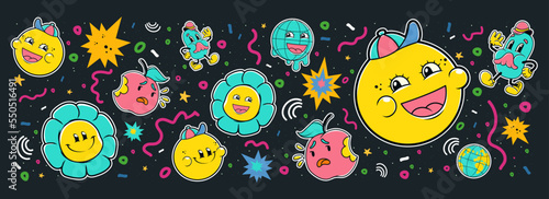 Abstract background with trendy retro stickers, lines and shapes. Vector poster with contemporary comic patches with emoji, apple and flowers on black background
