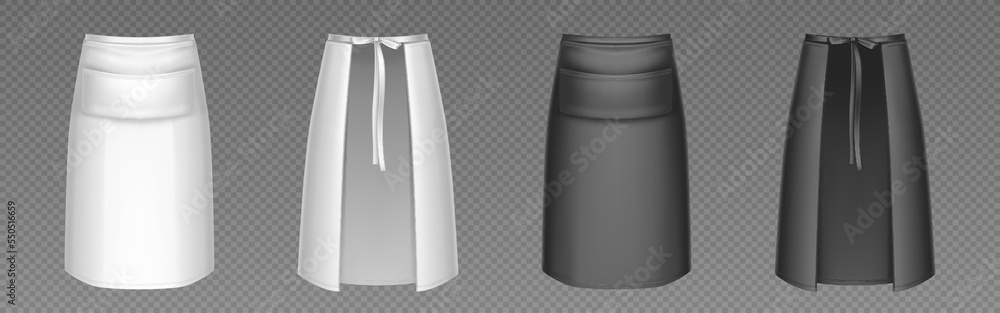 Waist apron, chef kitchen uniform mockup. Black and white clothing front and rear view isolated on transparent background. Restaurant staff protective apparel design, Realistic 3d vector illustration Waist apron, chef kitchen uniform mockup. Black and white clothing front and rear view isolated on transparent background. Restaurant staff protective apparel design, Realistic 3d vector illustration