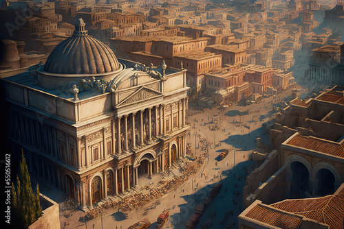 AI generated image of aerial view of ancient Rome with palaces, temples, gardens, roads, markets, chariots and people walking around