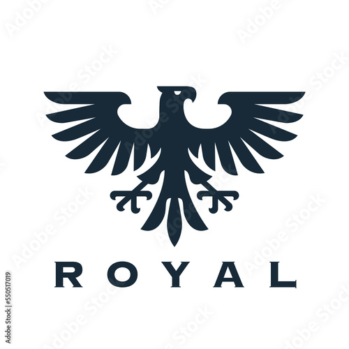 Heraldic eagle logo design. Falcon heraldry icon. Hawk insignia symbol. Royal brand bird emblem. Vector illustration.