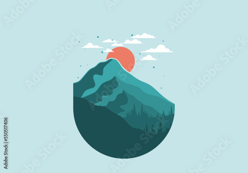 landscape illustration of three big mountains among the pine forest