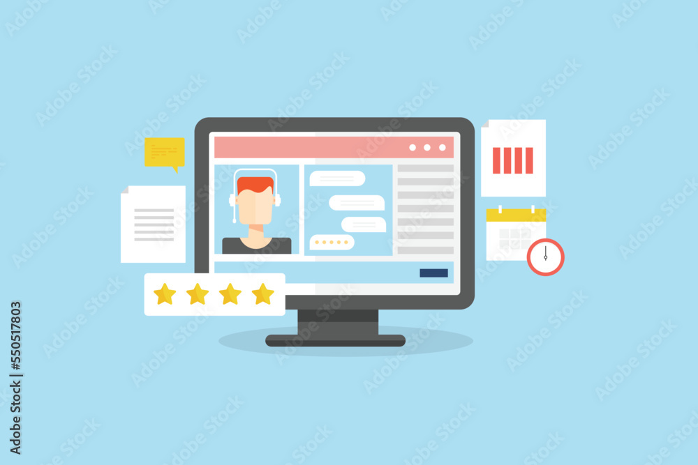 Company representative on video call computer screen, assisting customer with technical support and service banner concept. Company representative on video call computer screen, assisting customer with technical support and service banner concept.