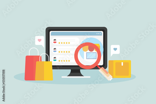 Examine customer reviews on computer screen before buying from ecommerce store, shopping bag and delivery concept.